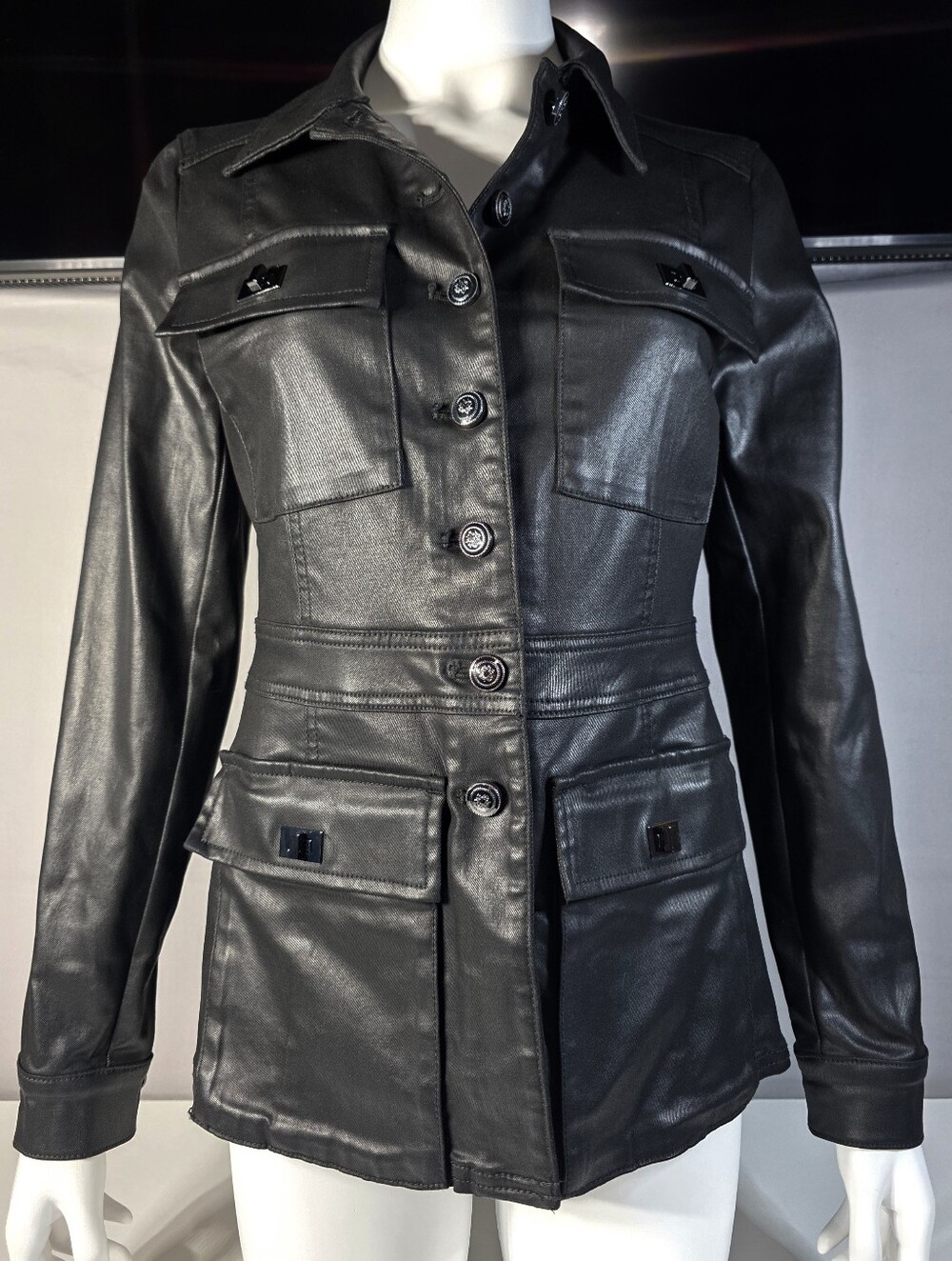 White House Black Market Coated Denim Utility Jacket in Jet black Size Small
